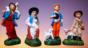 Rapaz com cordeiro, homem com bode, rapaz com chapéu, pastor com saco